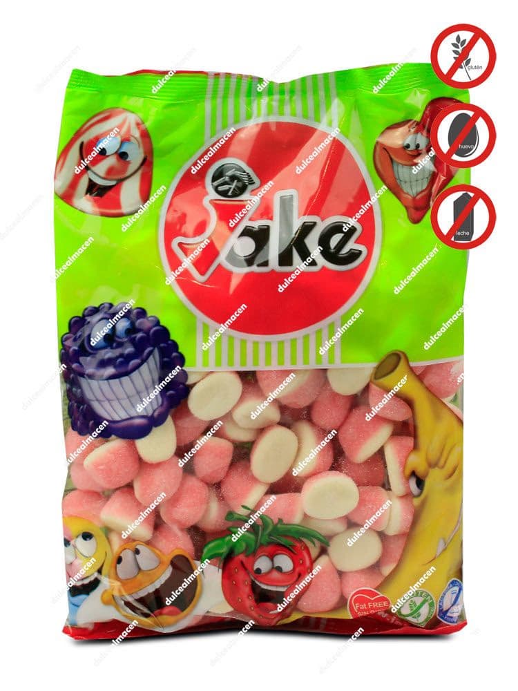 Bolsa de 1 kg de gominolas Jake Besos Fresa de color rosa y blanco con sellos de sin gluten, sin huevo y sin lactosa - Dulcealmacen