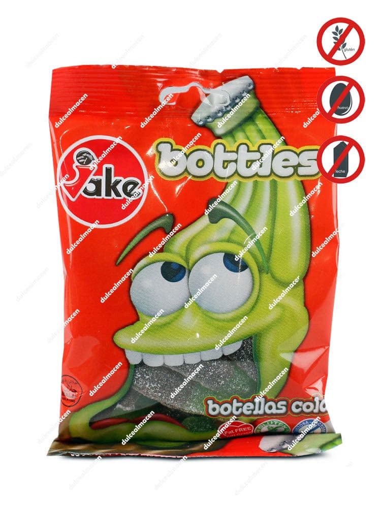 Bolsa roja de gominolas Jake 100g Botellas Cola con un divertido personaje verde y sellos de producto sin gluten, sin huevo, sin leche y Halal - Dulcealmacen