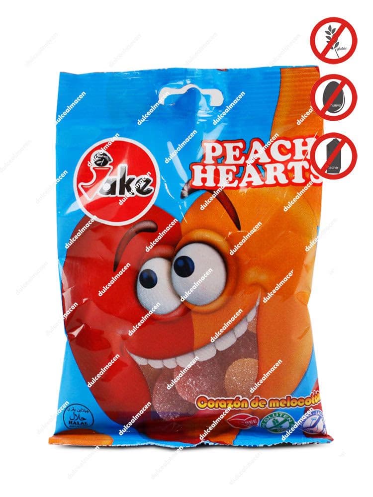 Bolsa azul de gominolas Jake 100g Corazón Melocotón con un divertido personaje animado y sellos de producto sin gluten, sin huevo, sin leche y Halal - Dulcealmacen