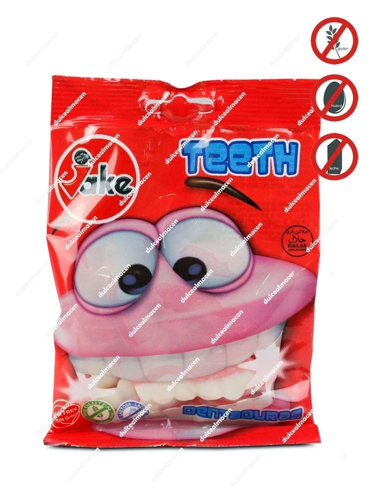 Bolsa roja de 100 gramos de gominolas con forma de dentaduras de la marca Jake, con iconos de libre de gluten, huevo y lactosa - Dulcealmacen