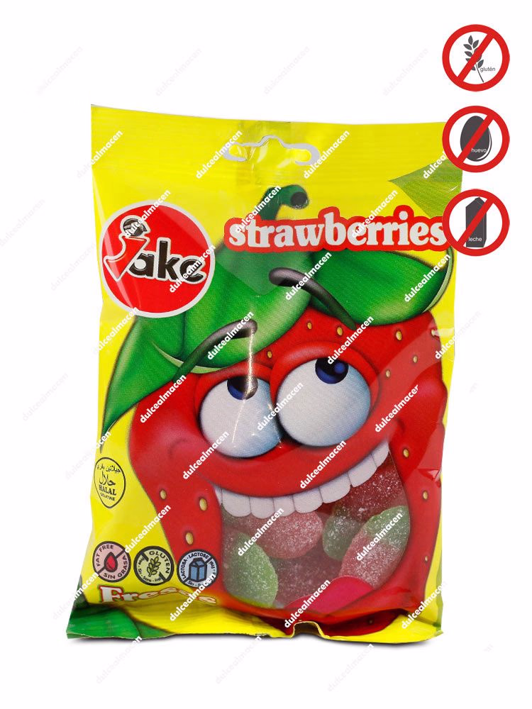 Bolsa amarilla de gominolas Jake 100g Fresas Pica con una divertida fresa animada y sellos de producto libre de gluten, huevo, leche y certificación Halal - Dulcealmacen