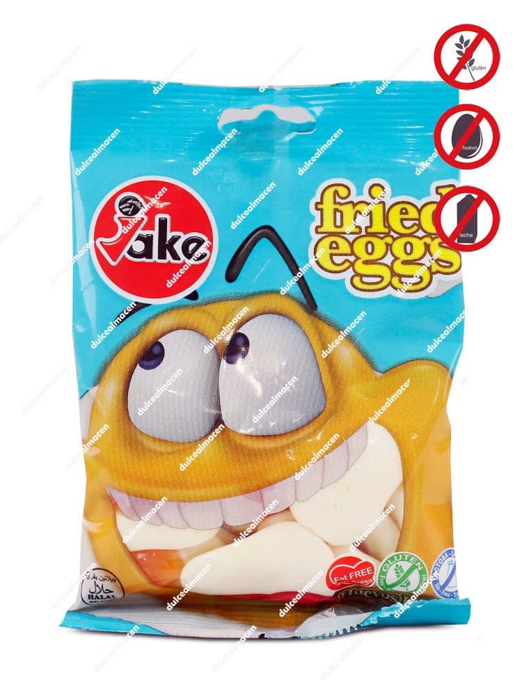 Bolsa azul de gominolas Jake 100g Huevos con un dibujo de un huevo frito animado y sellos de producto sin gluten, sin huevo, sin leche y Halal - Dulcealmacen
