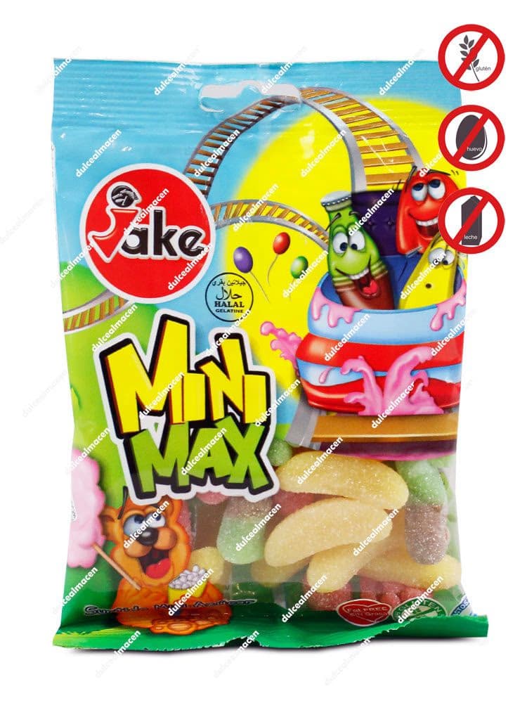 Bolsa azul de gominolas Jake 100g Mini Mix Pica con un dibujo de montaña rusa y sellos de producto libre de gluten, huevo, leche y certificación Halal - Dulcealmacen