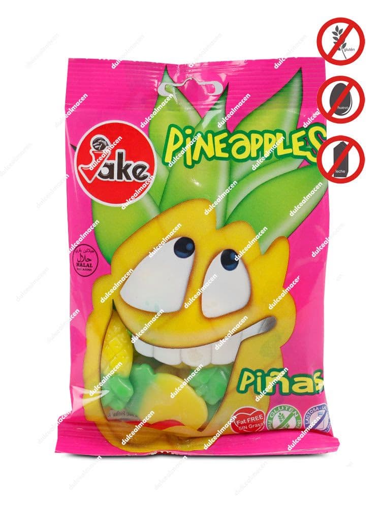 Bolsa rosa de gominolas Jake 100g Piñas con una divertida piña animada y sellos de producto sin gluten, sin huevo, sin leche y Halal - Dulcealmacen