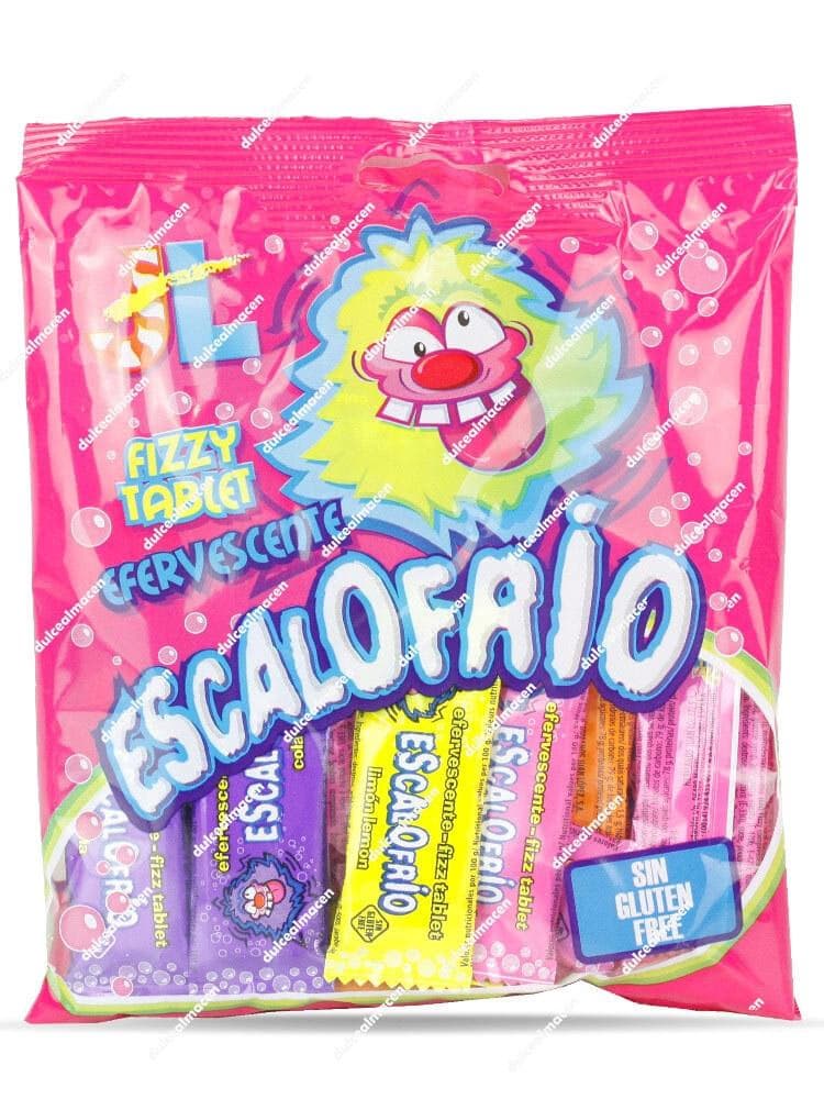 Bolsa rosa de 75 g de caramelos efervescentes Escalofrio de Juan López con el sello Sin Gluten y el diseño Fizzy Tablet - Dulcealmacen