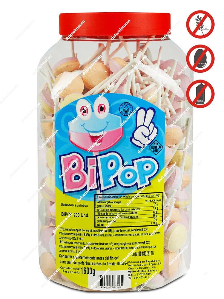 Bote transparente de 1,6 kg con 200 unidades de caramelos Bi Pop de Juan López, mostrando los sellos de Sin Gluten, Sin Huevo y Sin Lactosa - Dulcealmacen