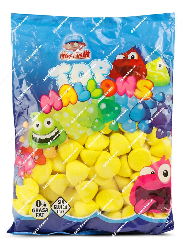 Bolsa de 1 kg con nubes amarillas de forma esférica Top Mallows de Juan López con sellos de Sin Gluten y 0% Grasa - Dulcealmacen