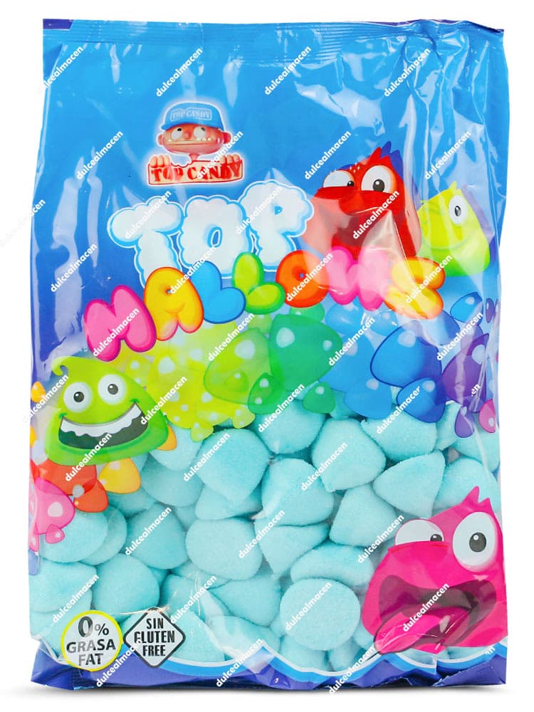 Bolsa de 1 kg con nubes azul celeste de forma esférica Top Mallows de Juan López con sellos de Sin Gluten y 0% Grasa - Dulcealmacen