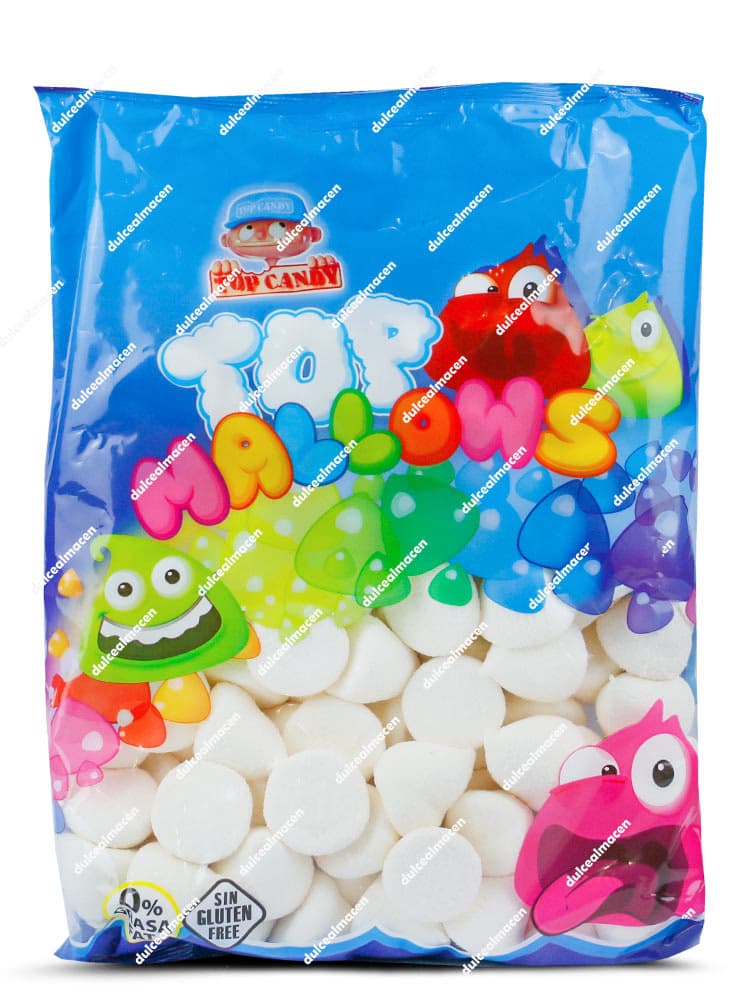 Bolsa de 1 kg con nubes blancas de forma esférica Top Mallows de Juan López con sellos de Sin Gluten y 0% Grasa - Dulcealmacen