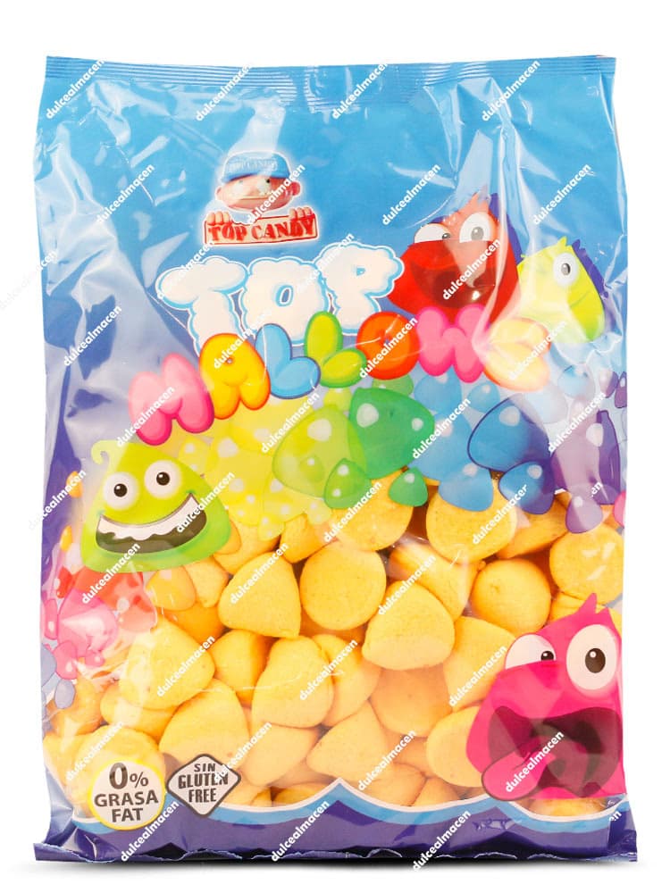 Bolsa de 1 kg con nubes naranjas de forma esférica Top Mallows de Juan López con sellos de Sin Gluten y 0% Grasa - Dulcealmacen
