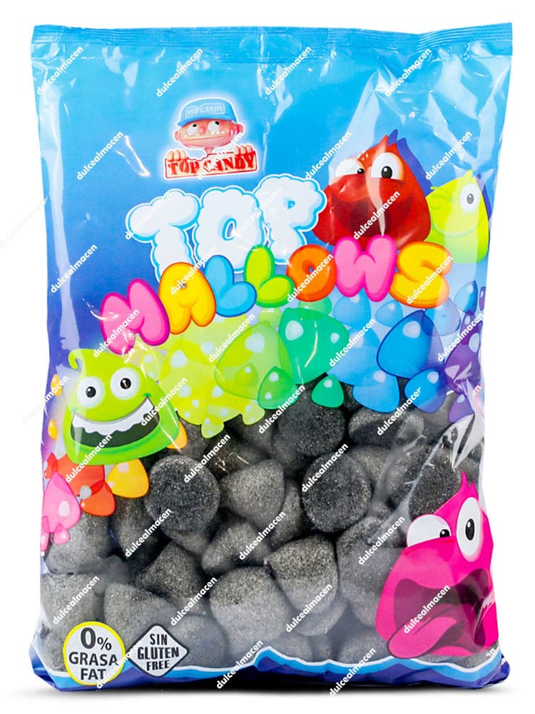 Bolsa de 1 kg con nubes negras de forma esférica Top Mallows de Juan López con sellos de Sin Gluten y 0% Grasa - Dulcealmacen