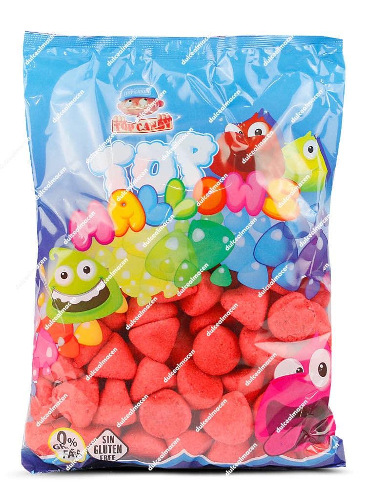 Bolsa de 1 kg con nubes rojas de forma esférica Top Mallows de Juan López con sellos de Sin Gluten y 0% Grasa - Dulcealmacen