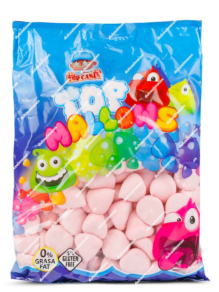 Bolsa de 1 kg con nubes rosas de forma esférica Top Mallows de Juan López con sellos de Sin Gluten y 0% Grasa - Dulcealmacen