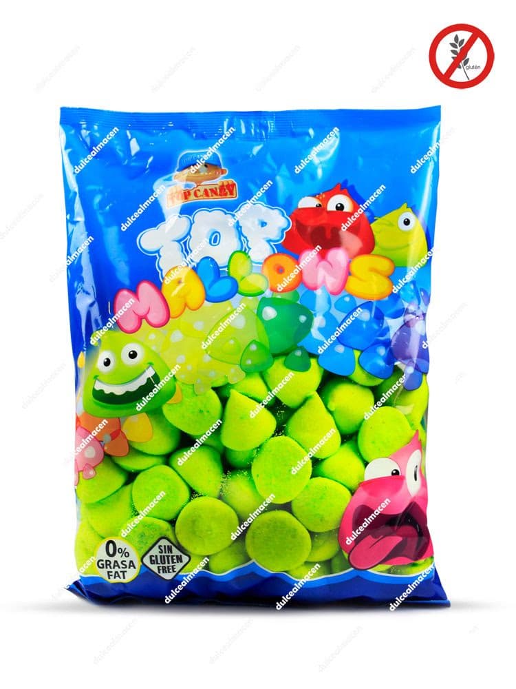 Bolsa azul de 1 kg con nubes verdes de forma esférica Top Mallows de Juan López y sellos de Sin Gluten y 0% Grasa - Dulcealmacen