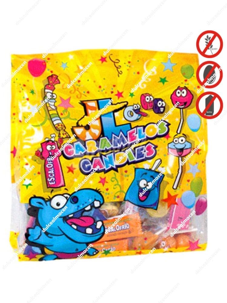 Bolsa amarilla de 500 g de caramelos surtidos Juan López mostrando sellos de Sin Gluten y Sin Leche con diseño de personajes divertidos - Dulcealmacen