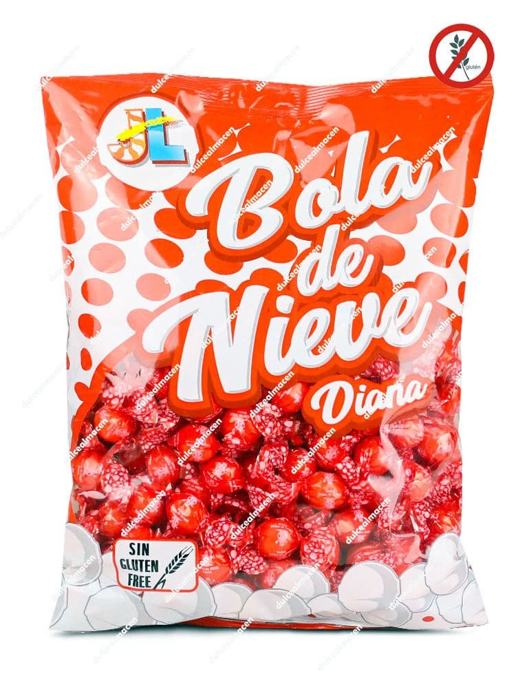 Bolsa roja y blanca de 1 kg de caramelos Bola de Nieve Diana de Juan López con sello de Sin Gluten - Dulcealmacen