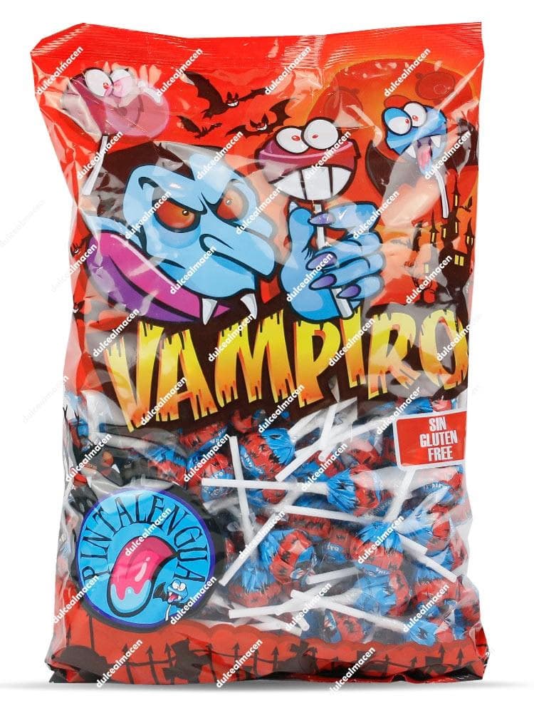 Bolsa roja de caramelos con palo Vampiro Pintalenguas de la marca Juan López con ilustración de un vampiro y sello Sin Gluten - Dulcealmacen