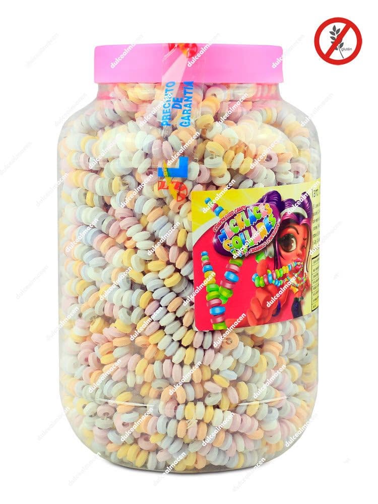 Tarrina grande transparente con 120 collares de cuentas de caramelo de dextrosa Juan López y sello Sin Gluten - Dulcealmacen