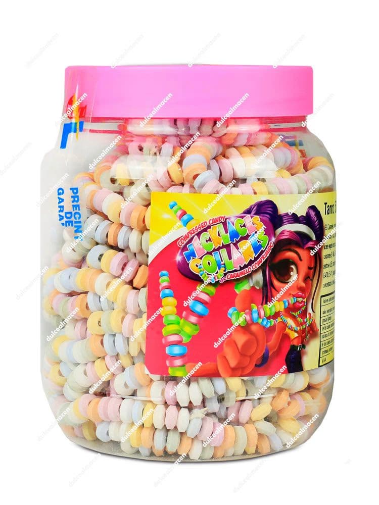 Bote transparente con tapa rosa que contiene 50 collares de cuentas de caramelo de dextrosa Juan López - Dulcealmacen