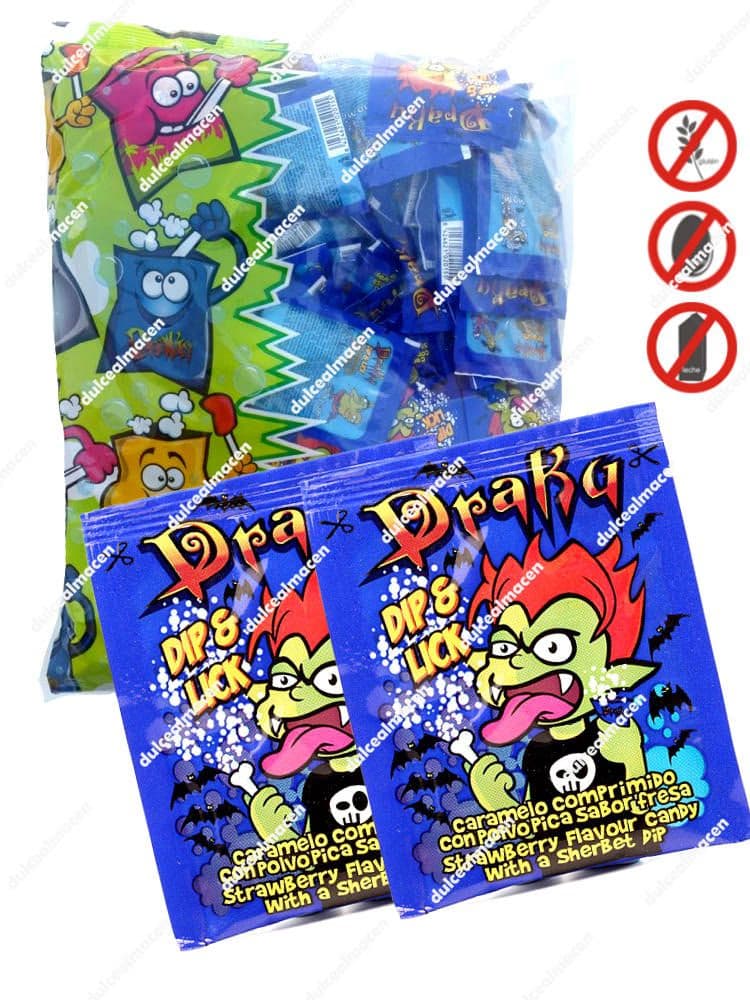 Bolsa de 150 sobres de caramelos Drakus Dip & Lick de Juan López sabor fresa con sellos Sin Gluten, Sin Lactosa y Sin Huevo - Dulcealmacen