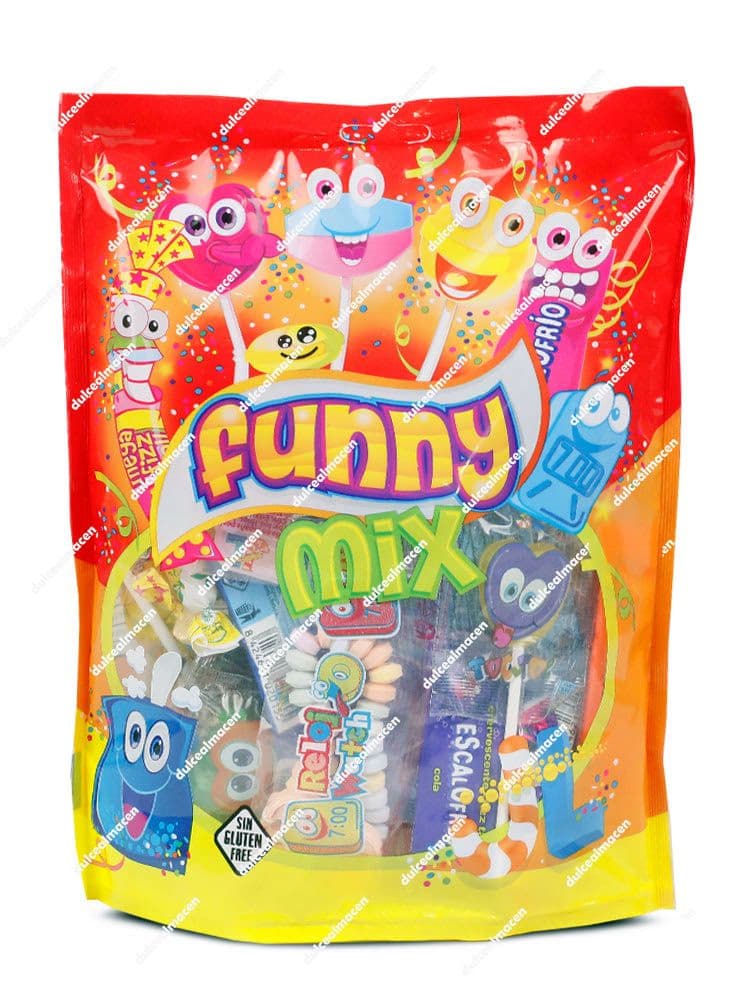Bolsa roja de 300 g de Juan López Funny Mix mostrando el surtido de relojes, piruletas y caramelos efervescentes con el sello Sin Gluten - Dulcealmacen