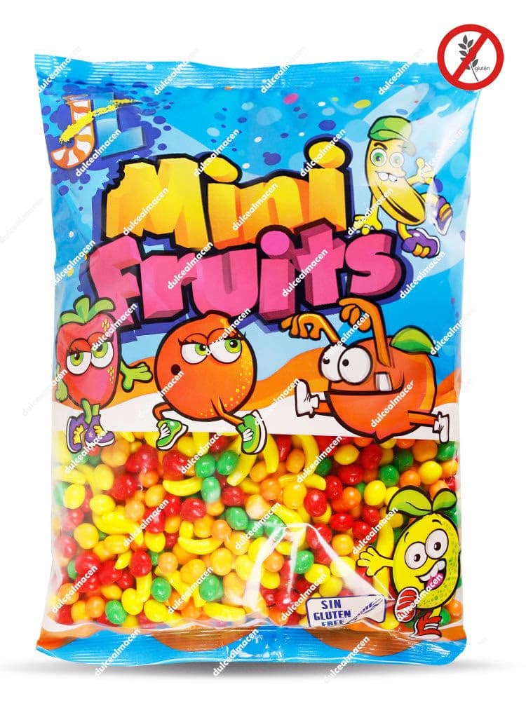 Bolsa azul de 2 kg de grageas surtidas Mini Fruits de la marca JL mostrando los caramelos con formas de frutas y el sello Sin Gluten - Dulcealmacen