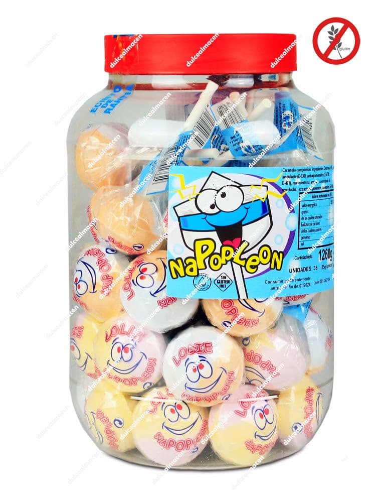 Bote transparente con 36 unidades de caramelos con palo Bi Pop Napoleon de Juan López con tapa roja y sello de Sin Gluten - Dulcealmacen
