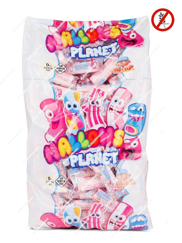 Bolsa de 110 unidades de nubes envueltas Mallows Planet de Juan López con diseño de alienígenas y sello de Sin Gluten - Dulcealmacen