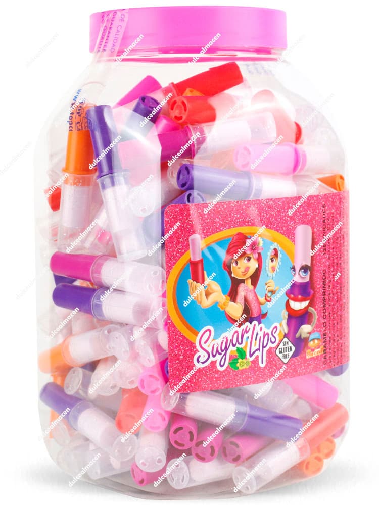 Bote transparente con 125 unidades de pintalabios de caramelo comprimido de Juan López con tapa rosa y sello de Sin Gluten - Dulcealmacen