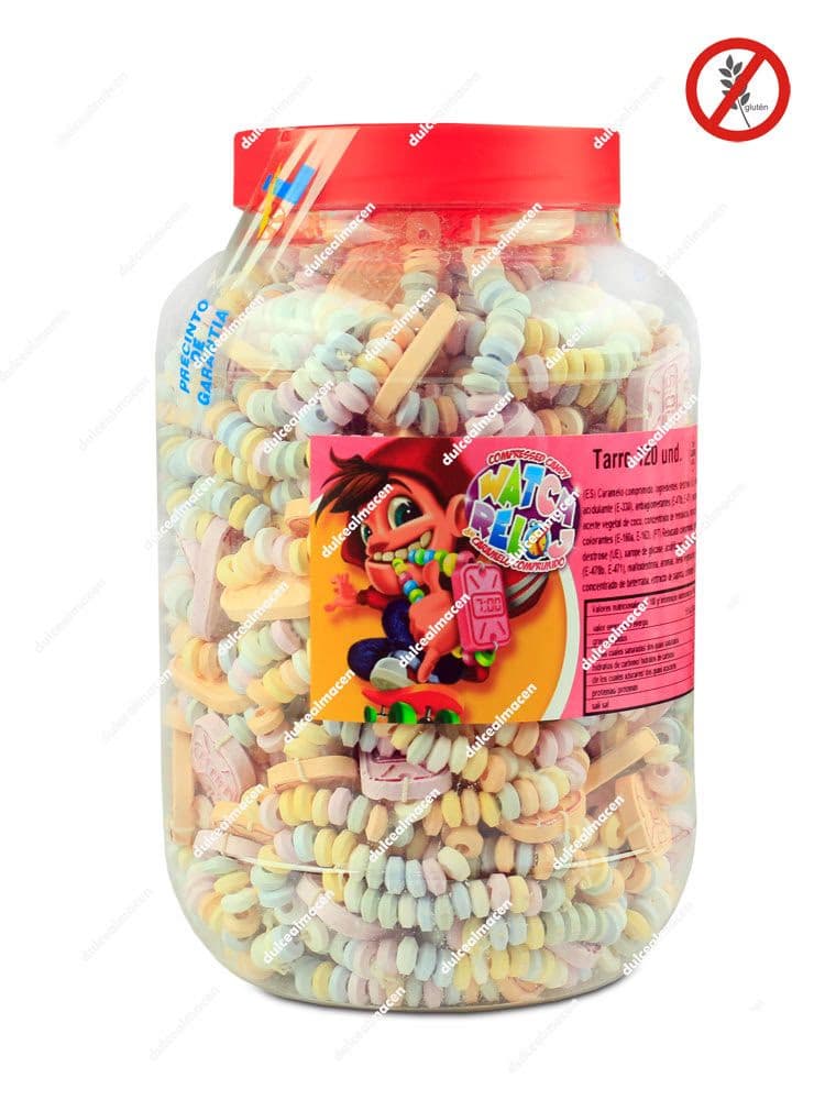 Tarro gigante de 120 unidades de relojes de caramelo comprimido de Juan López con tapa roja y sello de Sin Gluten - Dulcealmacen