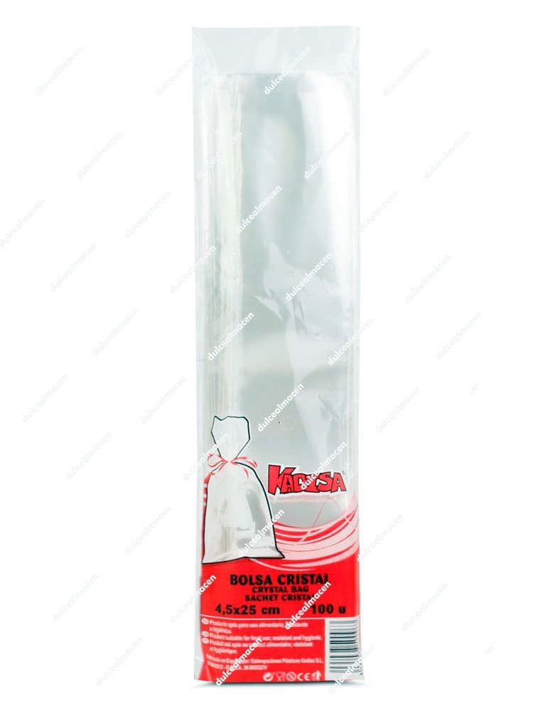 Paquete de bolsa Kadisa cristal 4.5 x 25 100 uds transparentes lisas con ilustración de muestra en color rojo y blanco - Dulcealmacen