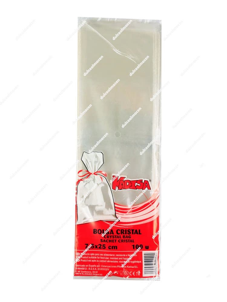 Paquete de bolsa Kadisa cristal 7.5 x 25 100 uds transparentes lisas con ilustración de muestra en color rojo y blanco - Dulcealmacen