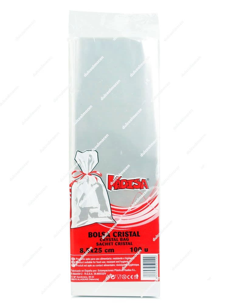 Paquete de bolsa Kadisa cristal 8.5 x 25 100 uds transparentes lisas con ilustración de muestra en color rojo y blanco - Dulcealmacen