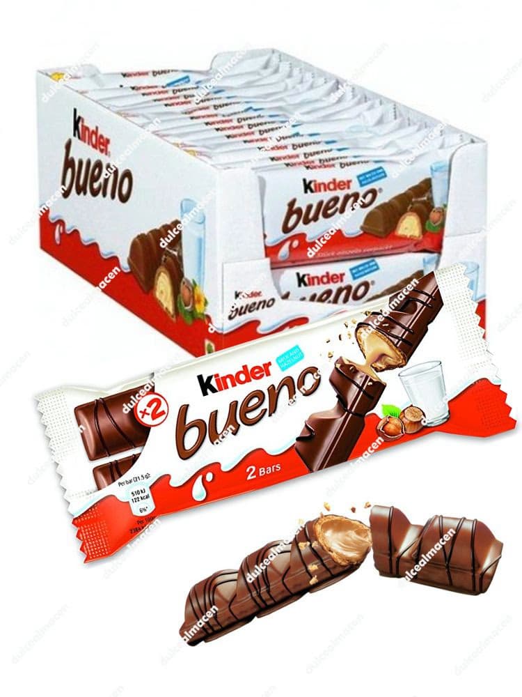 Caja expositora de Kinder Bueno T2 con 30 paquetes individuales de dos barritas de chocolate y avellana - Dulcealmacen