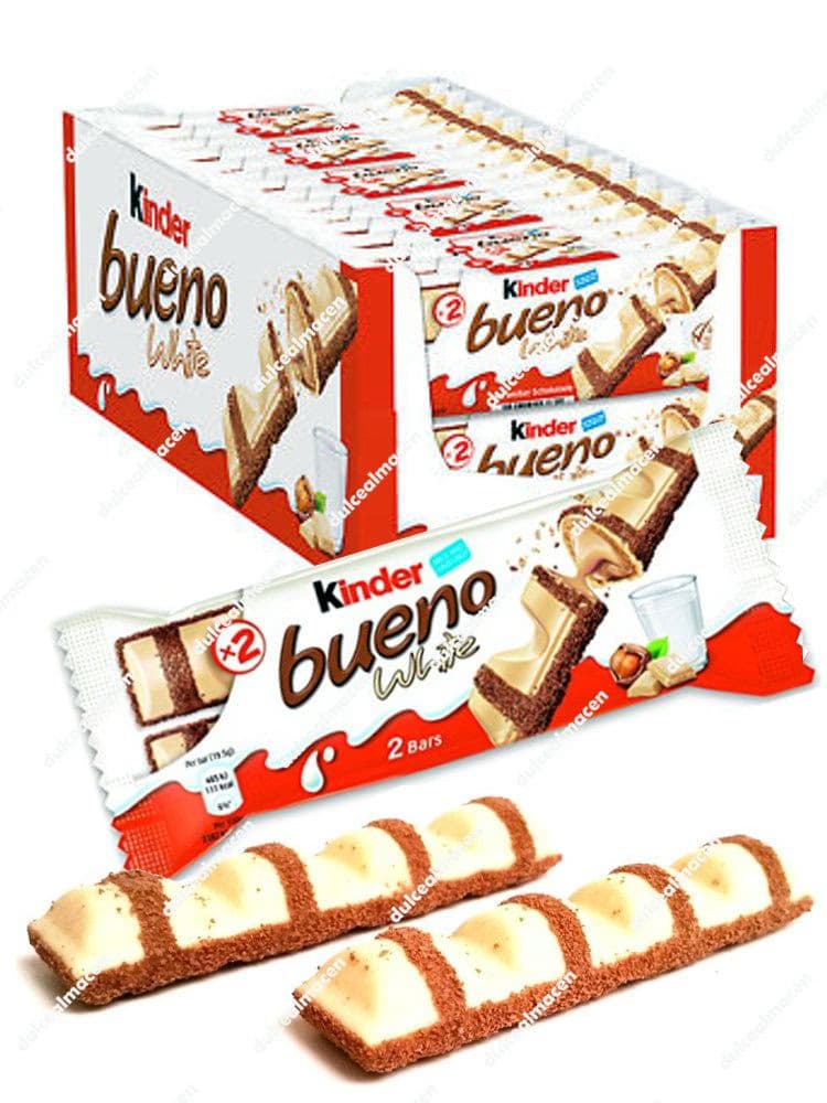 Barrita individual Kinder Bueno White T2 con cobertura de chocolate blanco y pepitas de cacao de Dulcealmacen