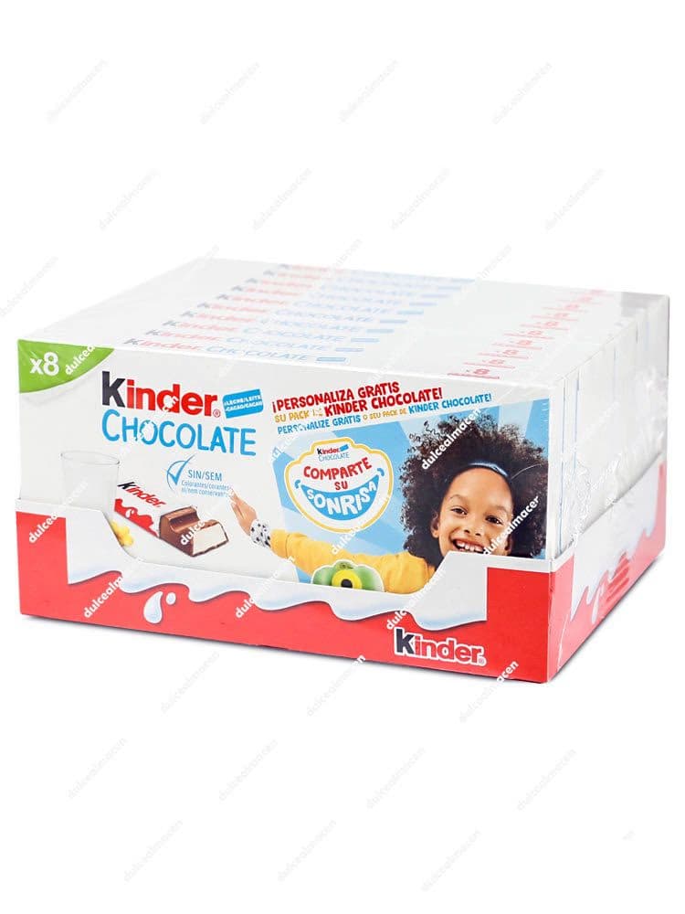 Caja expositora de Kinder Chocolate T-8 10 uds con estuches blancos y rojos y barritas de chocolate con leche visibles - Dulcealmacen