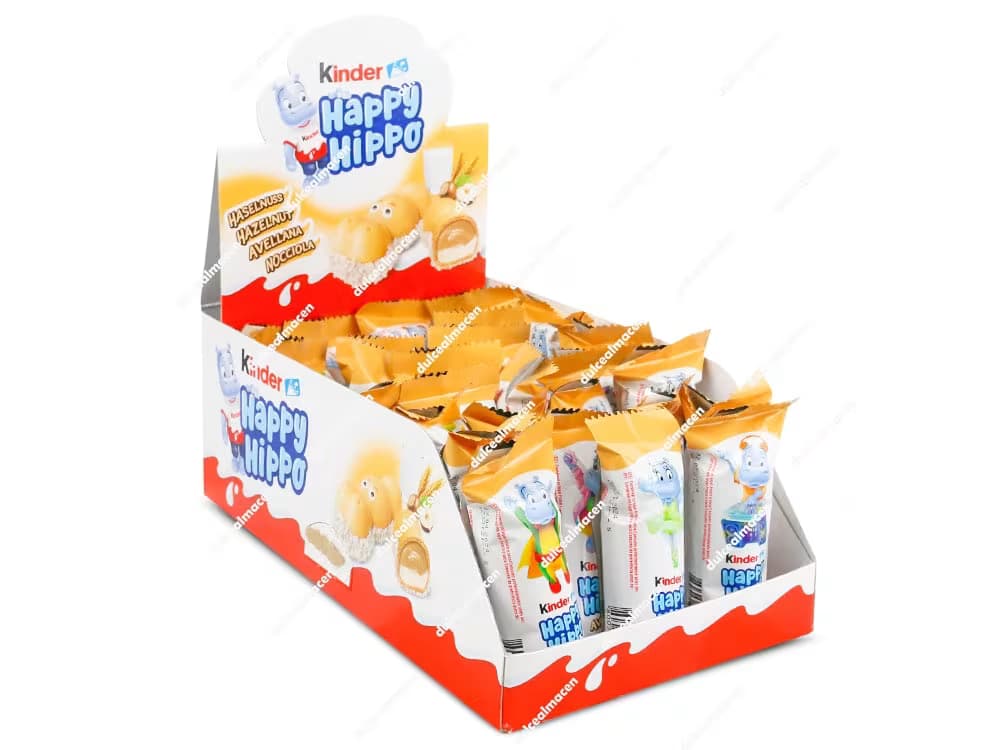 Caja expositora de Kinder Happy Hippo Hazelnut abierta conteniendo 28 unidades individuales de galletas con forma de hipopótamo - Dulcealmacen