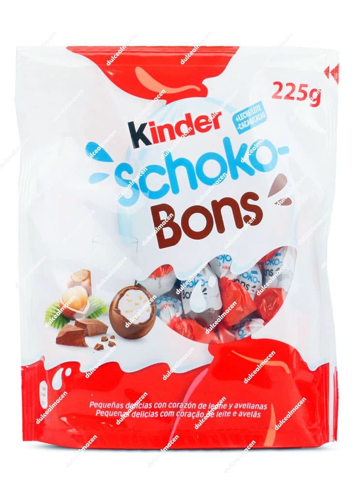 Bolsa blanca y roja de Kinder shocobons 225 gr con bombones envueltos visibles y sello de Sin Gluten - Dulcealmacen