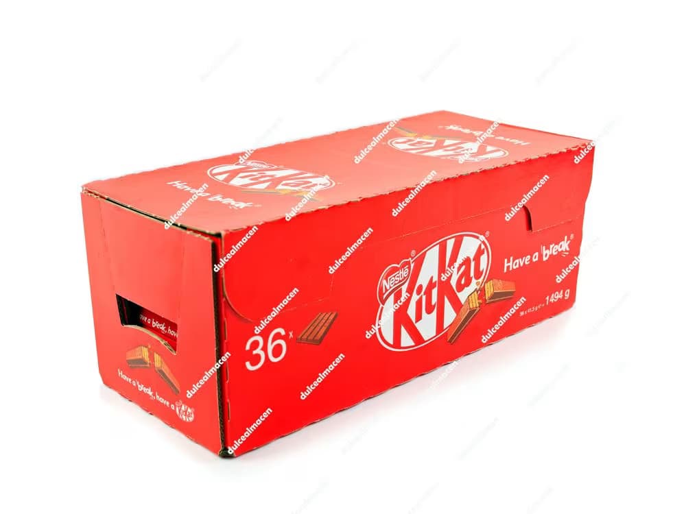 Caja roja expositora de KitKat Nestlé con 36 unidades de barritas de chocolate y galleta - Dulcealmacen