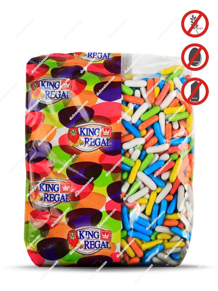Bolsa de 1 kg de Colorinas King Regal, bastoncitos de regaliz multicolor con sellos de sin gluten, sin lactosa y sin huevo - Dulcealmacen