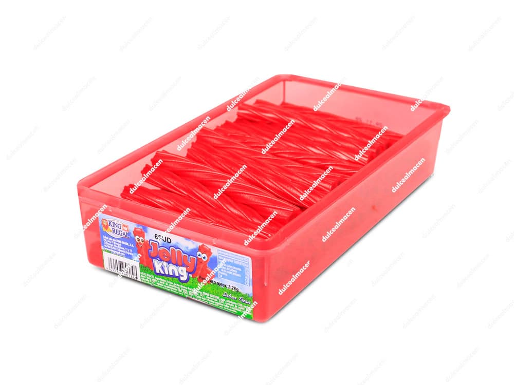 Bandeja plástica rectangular de color rojo rellena con las gominolas alargadas de King Regal Jelly King Fresa 60 u mostrando su etiqueta frontal ilustrada - Dulcealmacen archivo image_a2608d.png