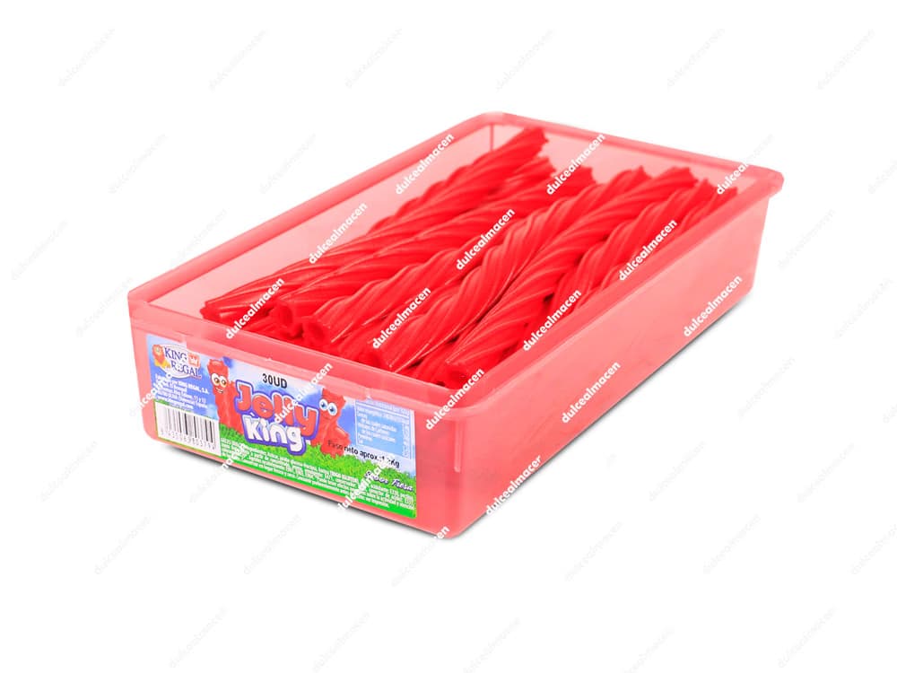 King Regal Jelly King 30 ud tina expositora de regaliz rojo trenzado relleno de crema en Dulcealmacen