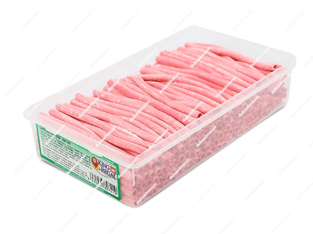 Estuche transparente con 200 unidades de King Regal Lapiz Cereza, geles dulces rellenos de color rosa - Dulcealmacen