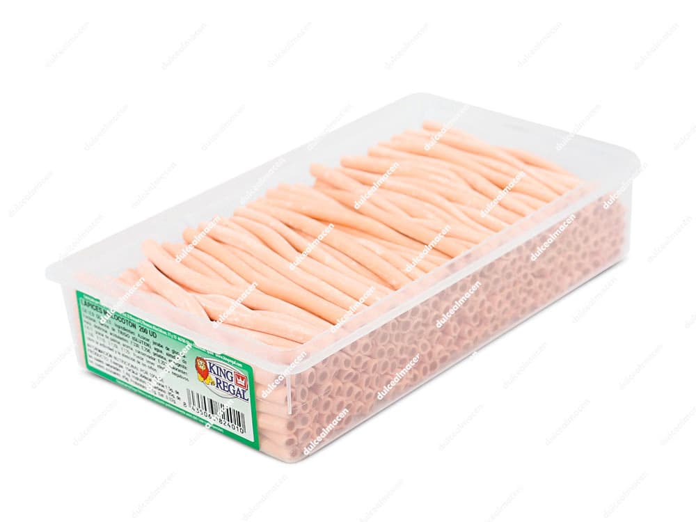 Estuche de plástico con 200 unidades de King Regal Lapiz Melocoton, geles dulces rellenos de color naranja - Dulcealmacen