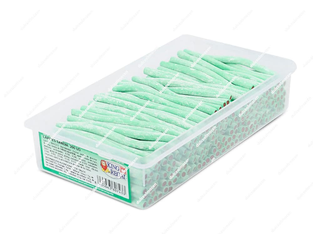 Estuche de plástico translúcido repleto de King Regal regaliz Lápiz de Sandía 200 ud ordenados horizontalmente con envoltura verde y etiqueta frontal - Dulcealmacen archivo image_2b2d06.png