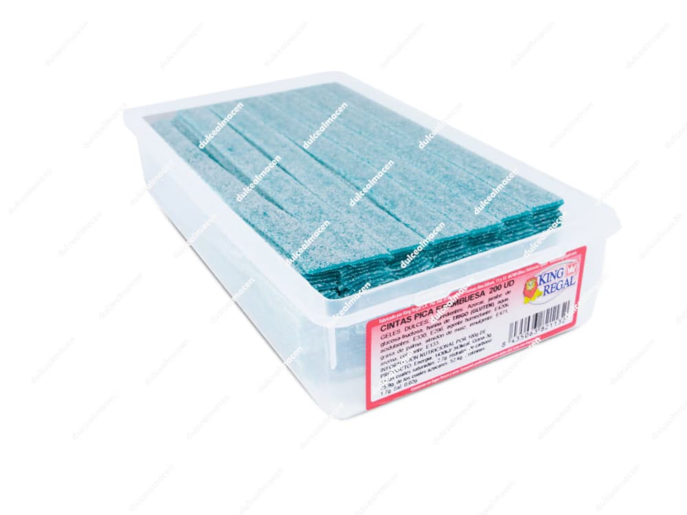 Caja de cintas de regaliz plano pica frambuesa azul King Regal Lengua Frambuesa de 200 unidades de Dulcealmacen