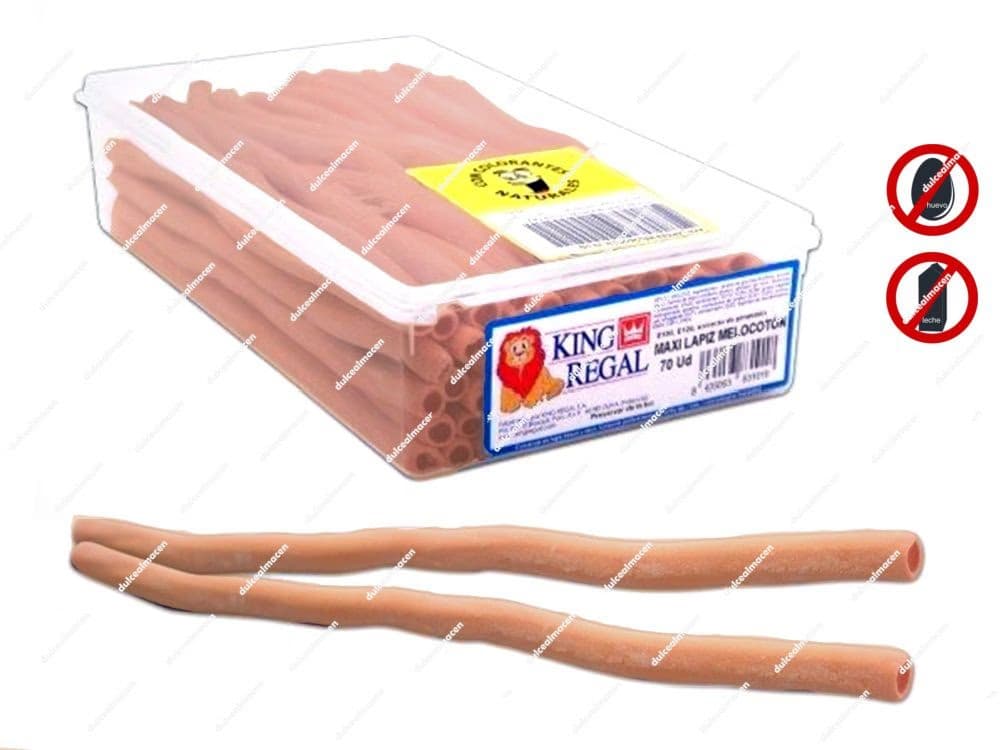 Caja de regaliz gigante relleno sabor melocotón King Regal Maxi Lápiz Melocotón de 70 unidades de Dulcealmacen