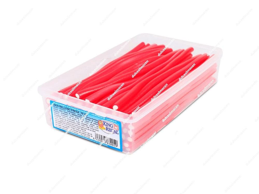 Estuche transparente de King maxi relleno fresa 70 uds con regalices rojos largos rellenos de nata - Dulcealmacen