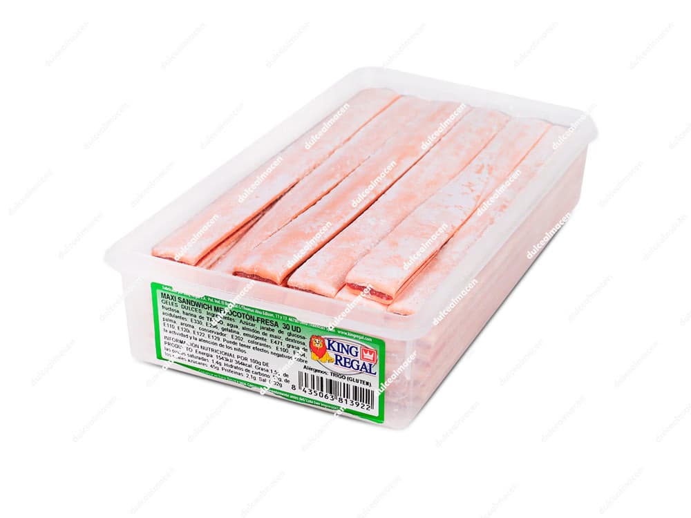 Caja de regaliz plano gigante relleno sabor melocotón King Regal Maxi Sandwich Melocotón de 30 unidades de Dulcealmacen