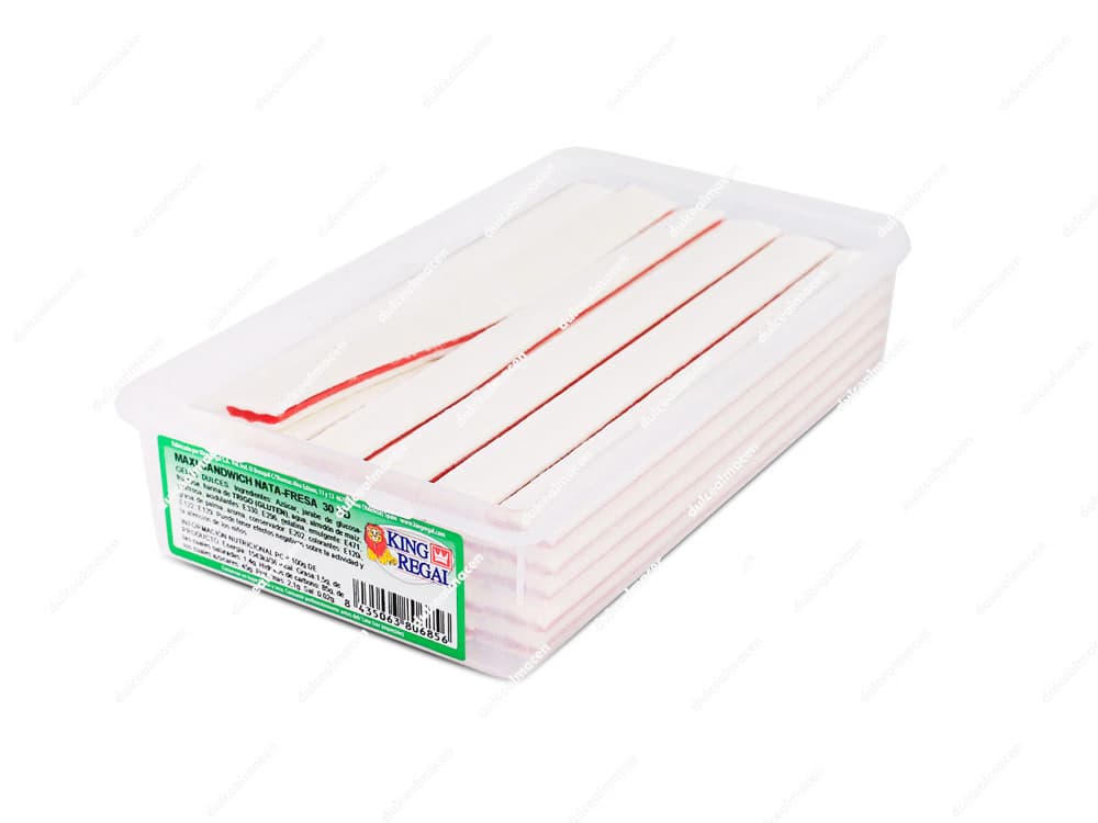 Tarro de 30 unidades de King Regal Maxi Sandwich Nata-Fresa mostrando las gominolas grandes de tres capas en colores rojo y blanco - Dulcealmacen